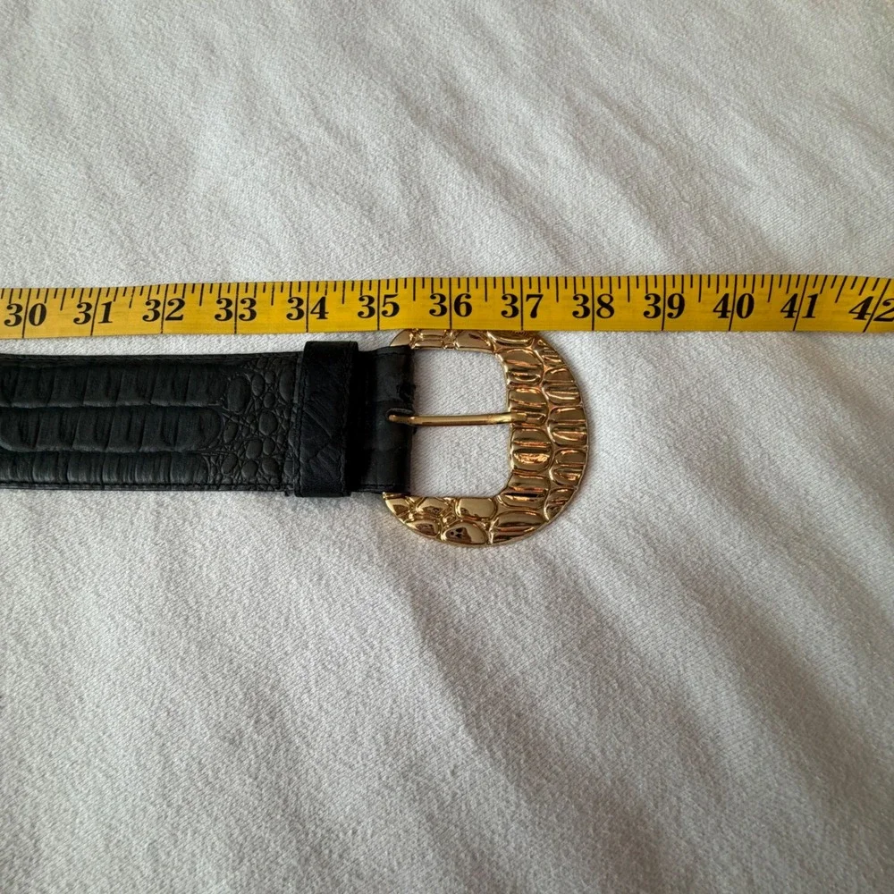 Vintage Genuine Leather Crocodile Embossed Belt Dark Green Gold Buckle Large